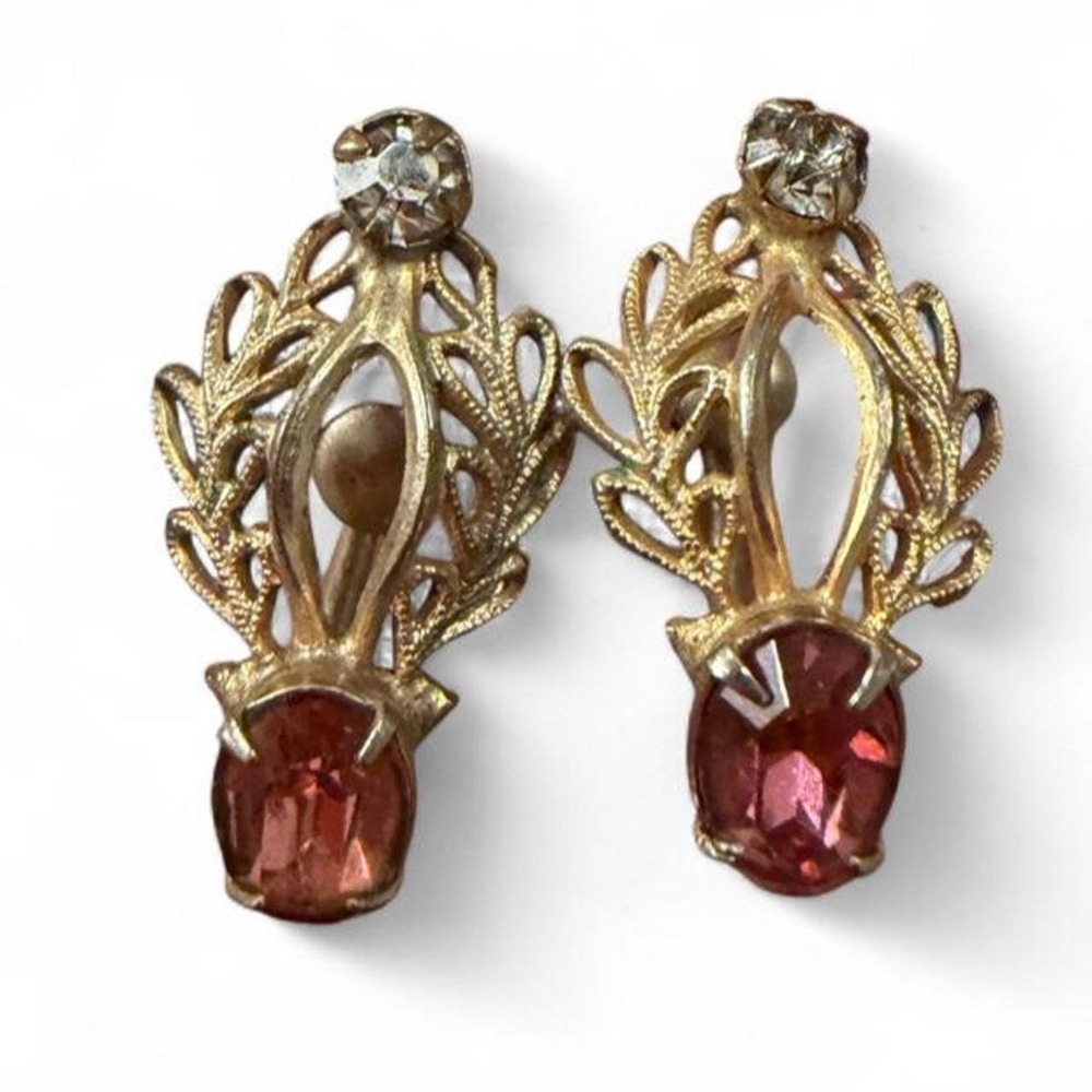 Vintage Scitarelli Screw Back Earrings Pink Rhinestone Gold Tone Filigree Leaf